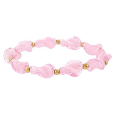 18K Gold over Sterling Silver Pink Twist Foil Glass & Bead Stretch Bracelet