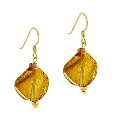18K Gold over Sterling Silver Brown Twisted Foil Glass Dangle Earrings