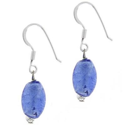 Sterling Silver Royal Blue Foil Glass Oval Dangle Earrings