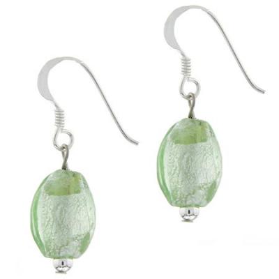 Sterling Silver Spring Green Glass Oval Glitter Foil Bead Dangle Earrings