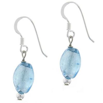 Sterling Silver Light Blue Foil Glass Bead Oval Dangle Earrings
