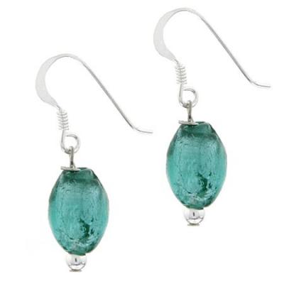 Sterling Silver Aqua Blue Glass Glitter Foil Bead Oval Dangle Earrings