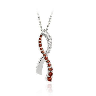 Sterling Silver Garnet & Diamond Accent Aids Awareness Ribbon Pendant