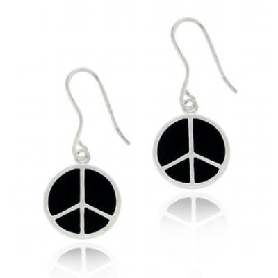 Sterling Silver Black Enamel Peace Sign Dangle Earrings