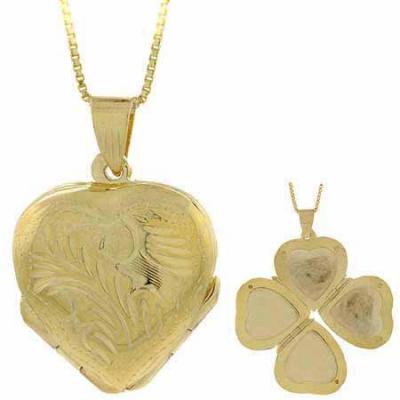 18K Gold over Sterling Silver Etched Flower Heart 4 Panel Locket Pendant
