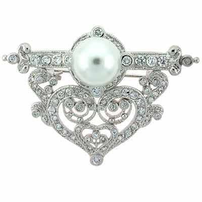 Simulated Diamond CZ Antique Filigree Silver simulated Pearl Pin