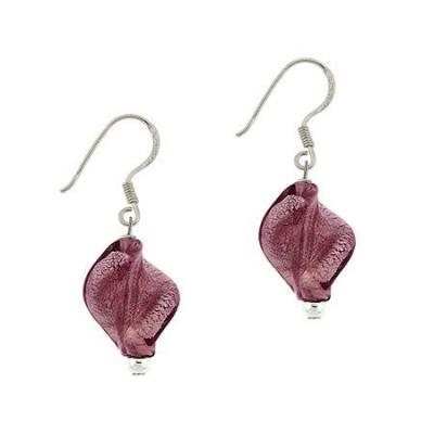 Sterling Silver Purple Twisted Foil Glass Glitter Dangle Hook Earrings