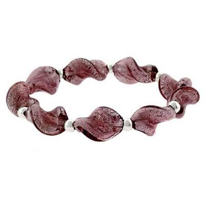 Sterling Silver Purple Glass Twisted Foil Bead Round Glitter Stretch Bracelet