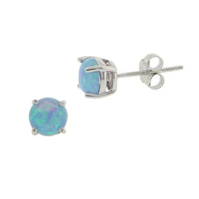 Sterling Silver 6mm Round Fiery Created Blue Opal Stud Earrings