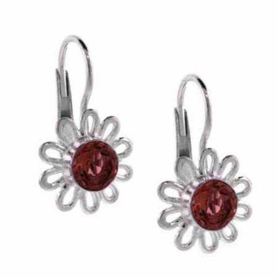 Sterling Silver Garnet Flower Leverback Earrings