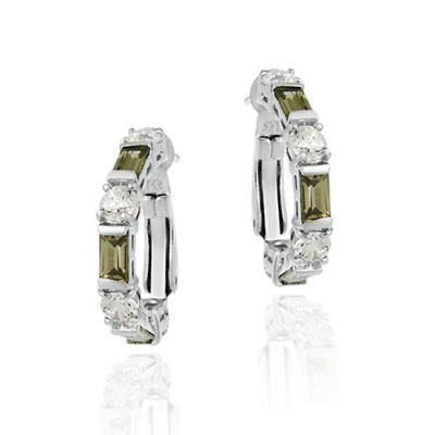 Sterling Silver Olive Green & Clear CZ Patterrn Earrings