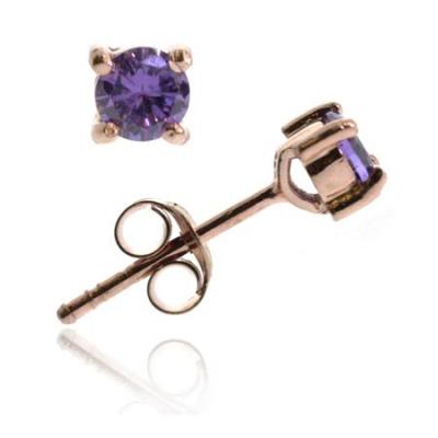 18K Rose Gold over Sterling Silver Purple CZ Round Stud Earrings, 4mm