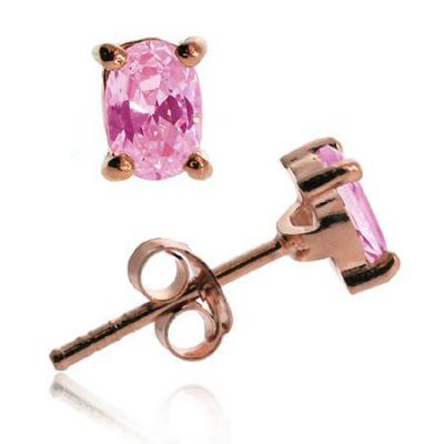 18K Rose Gold over Sterling Silver Pink CZ 6x4 Oval Stud Earrings