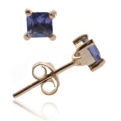 18K Rose Gold over Sterling Silver Tanzanite CZ Square Stud Earrings, 4mm