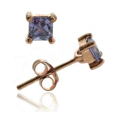 18K Rose Gold over Sterling Silver  CZ 4mm Purple Square Stud Earrings