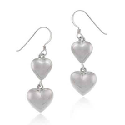 Sterling Silver Puffed Hearts Dangle Earrings