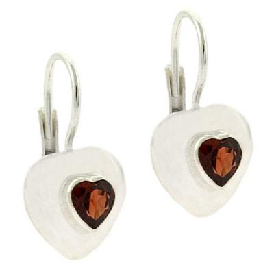 Sterling Silver Garnet Heart Leverback Earrings