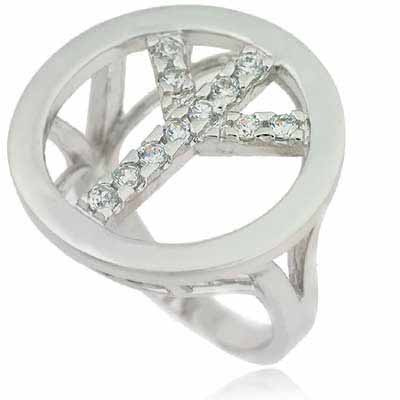 Sterling Silver Peace Sign Simulated Diamond CZ Ring
