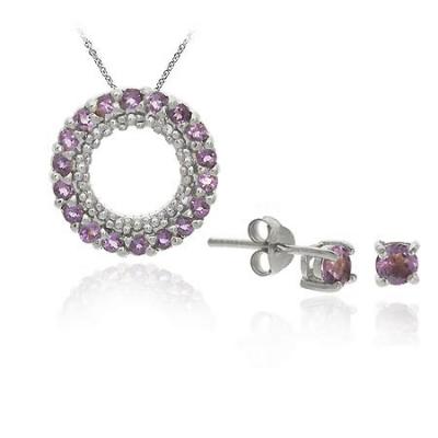 Sterling Silver Amethyst Eternity Pendant & Stud Set