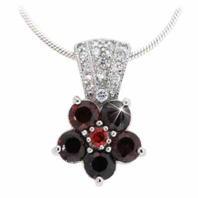 Sterling Silver Simulated Diamond CZ and Red Cubic Zirconia Pave Flower Pendant