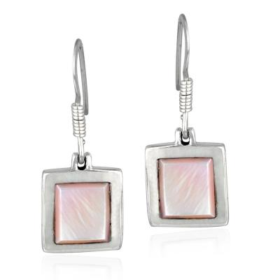 Sterling Silver Pink Shell Square Dangle Earrings
