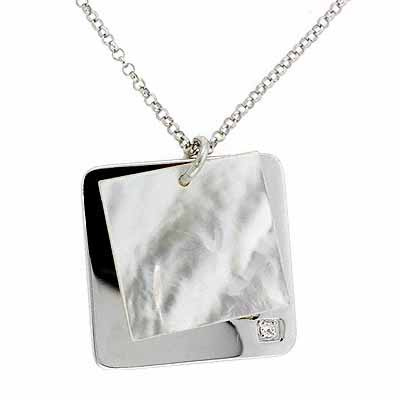 Genuine Mother of Pearl and Silver Square Simulated Diamond CZ Rolo Link Necklace