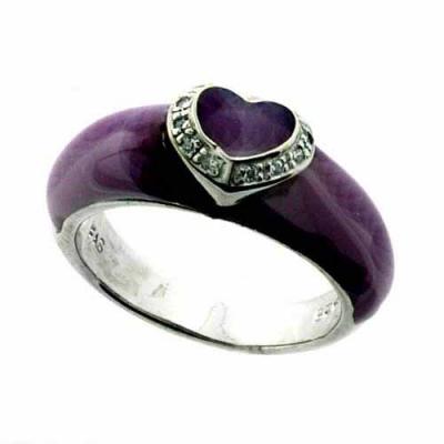 Purple Enamel over Sterling Silver Heart Ring with Clear CZ