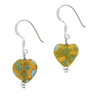 Sterling Silver Yellow Millefiori Murano Glass Heart Dangle Earrings