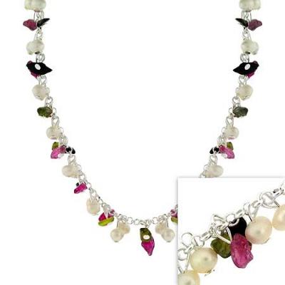 Sterling Silver .925 Iridescent Genuine Freshwater Cultured Pearl and Genuine Pink Tourmaline Stone Chips Dangle Confetti Necklace