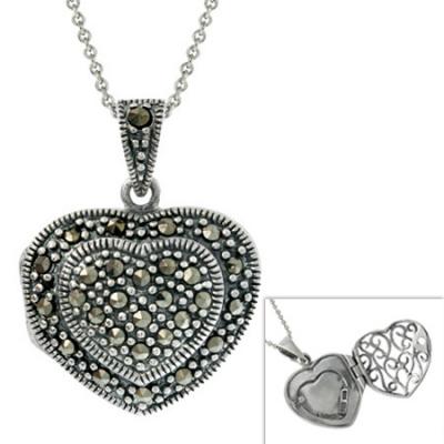 Sterling Silver Marcasite Puffed Heart Locket Pendant