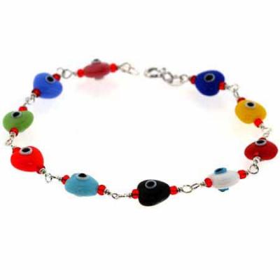 Sterling Silver Multi Color Heart Evil Eye Bracelet