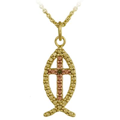 18k Two-tone Rose Gold over Silver Champagne Diamond Accent Novelty Religious Fish Pendant