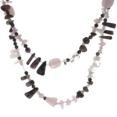 Genuine Rhodonite, Crystal, Rose Quartz stone Chip Bead Long Layered Necklace 48'