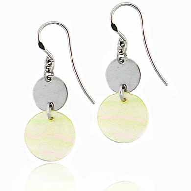Sterling Silver Platinum Silver Disk Circular Genuine Mother Of Pearl Dangling Earrings