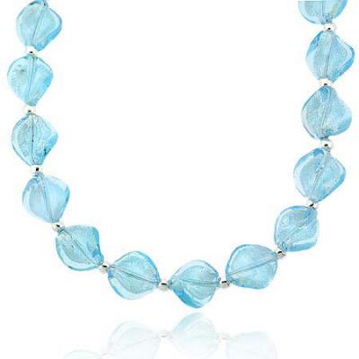 Sterling Silver .925 Sky Blue Glass Twisted Foil Bead Round Glitter Necklace