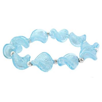 Sterling Silver Sky Blue Glass Twisted Foil Bead Glitter Stretch Bracelet