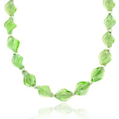 Sterling Silver .925 Spring Green Twisted Glass Foil Bead Round Glitter Necklace