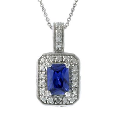 Sterling Silver Diamond Accent & Blue CZ Rectangle Pendant