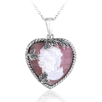Sterling Silver Pink Shell & Marcasite Woman Cameo Pendant