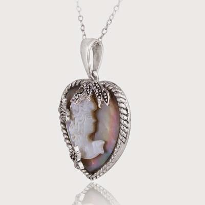Sterling Silver Brown Shell & Marcasite Woman Cameo Pendant