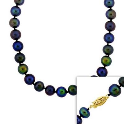 8-8.5mm Round Hand Knotted Genuine Freshwater Cultured Iridescent Black Pearl 14k Gold Filigree Clasp Necklace 18'