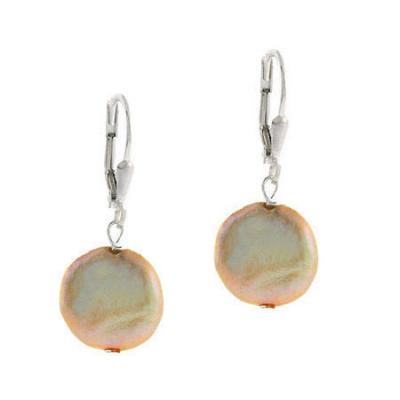 Sterling Silver Freshwater Cultured Peach Coin Pearl Leverback Earrings