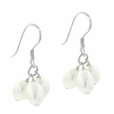 Sterling Silver White Freshwater Cultured Pearl Cluster Earrings