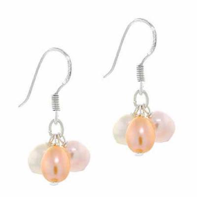 Sterling Silver Freshwater Cultured White, Peach and Pink Pearl Cluster Earrings
