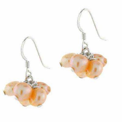 Sterling Silver Peach Freshwater Cultured Biwa Pearl Cluster Earrings