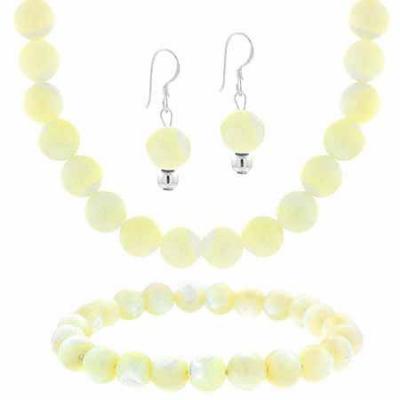 Sterling Silver Mother of Pearl Bead Dangle Earrings, Stretch Bracelet, & Necklace 16-19' Set
