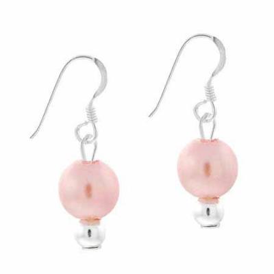 Sterling Silver 6mm Simulated Pink Pearl Dangle Earrings