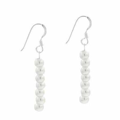 Sterling Silver 4mm Simulated White Pearl Dangle Earrings