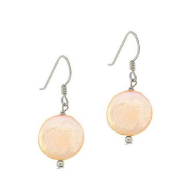 Sterling Silver Freshwater Cultured Peach Coin Pearl Dangle Earrings
