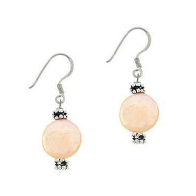 Sterling Silver Peach Freshwater Cultured Coin Pearl & Bali Bead Dangle Earrings